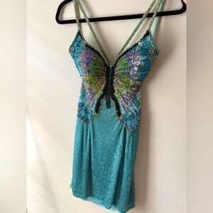 Sherri Hill Teal and Purple Butterfly Sequin Mini Dress